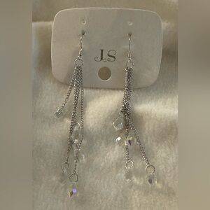 JS Brand Silver-tone & Clear AB Faceted Briolette Crystal Dangly Drop Earrings